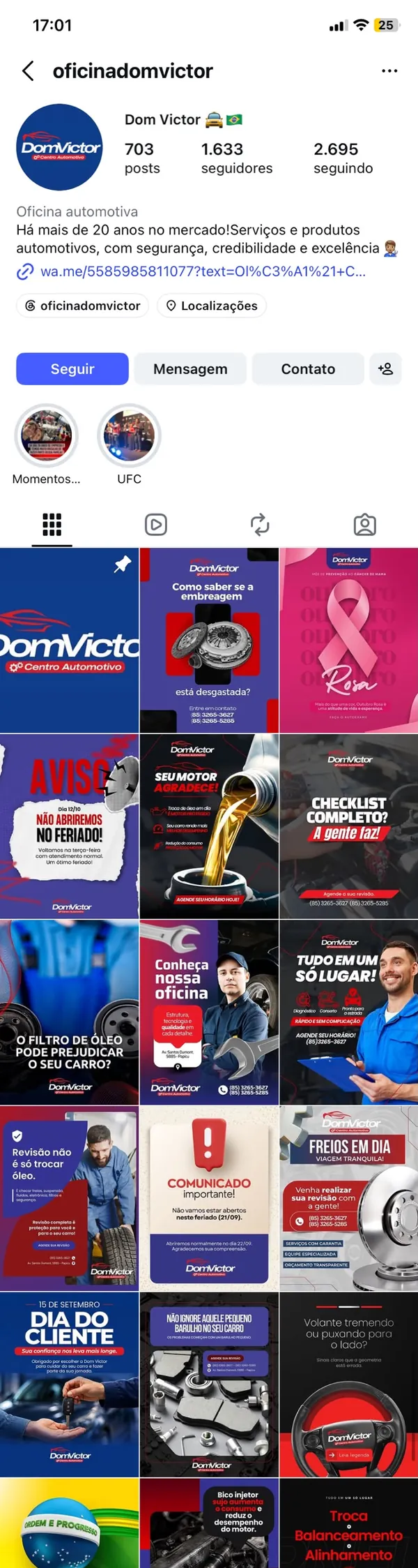 Perfil da Dom Victor Centro Automotivo no Instagram, @oficinadomvictor